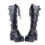 Black Stappy Cross High Top Lolita Platforms Punk Rock Chunky Heels Boots Creepers Shoes
